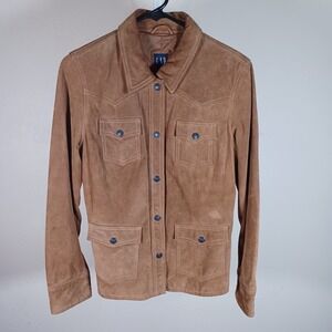 Gap Vintage Womens Western Suede Snap Button Trucker Jacket Brown Tan Medium